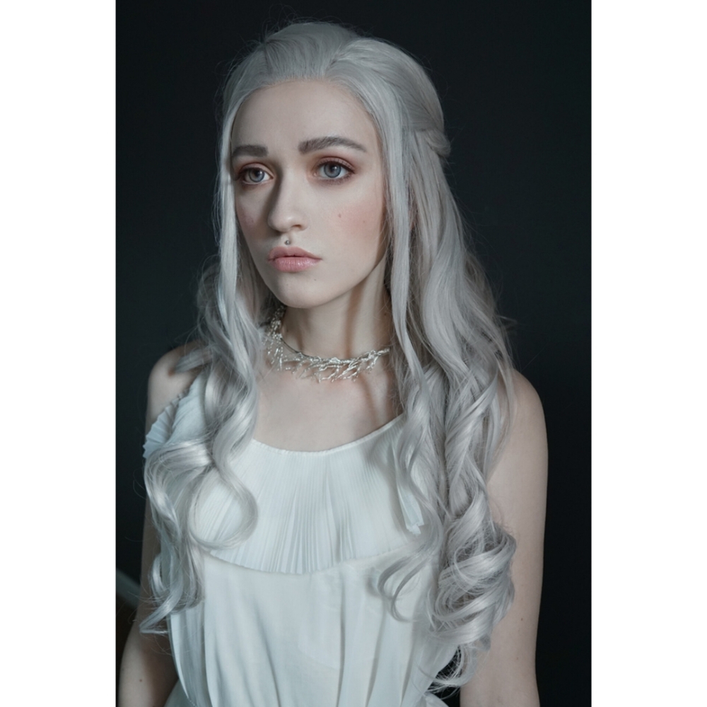 Donalovehair Front Lace Silver Grey Wavy Curled Long Hair Synthetic 26" Wig - Picture 2 of 16